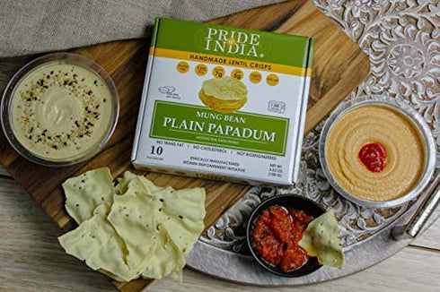 Pack 6-10 count (3.53oz 100gm) Pride Of India - Mung Bean Plain Papadum Lentil Crisp, of - - Protein Fiber & Iron Rich