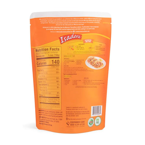 15 oz, Isadora Fully Cooked Barbacoa Mexican Style Meat Ready-to-Eat Meal, Seasoned Shredded Beef, Instant Meal, Shelf
