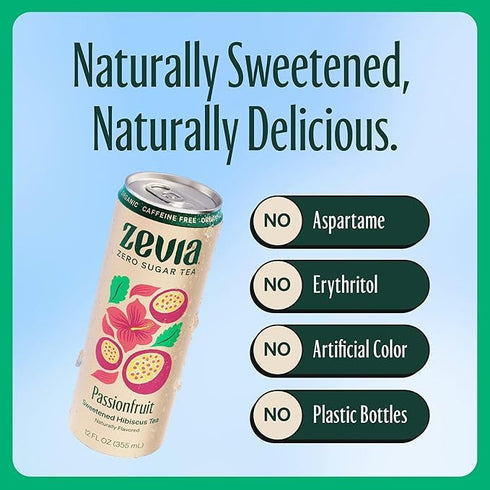 12 oz (12-Pack) Zevia Zero Sugar Tea, Hibiscus Tea with Passionfruit Caffeine Free, Cans Naturally Sweetened, Zero