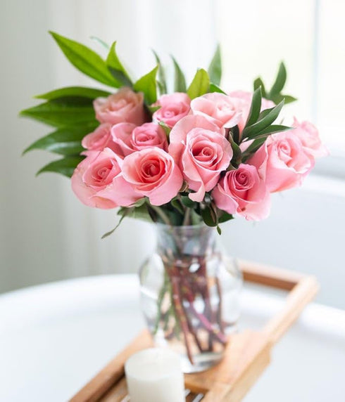 Dozen From You Flowers - One Light Pink Roses with Glass Vase | Fresh Flower Bouquets for Mother's Day, Birthday