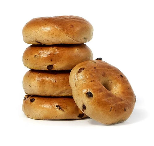 Generic 6 38.4 oz 2.4 Cinnamon Raisin Bagels are baked to a golden brown, with a crispy exterior and soft interior.