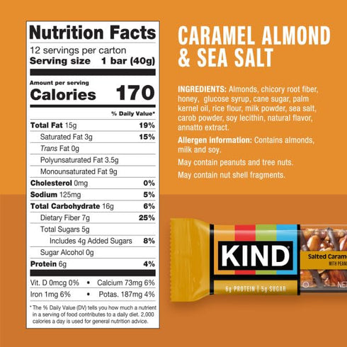 6g 12 Count KIND Healthy Snacks Bars, Caramel Almond & Sea Salt, Gluten Free, Low Sugar, High Fiber Snacks, Protein