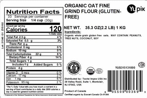 2.2 lb (35.2 oz), Yupik Organic Oat Flour, Gluten-Free, Non-GMO, Vegan, Kosher, Finely Ground Whole Grain Oats