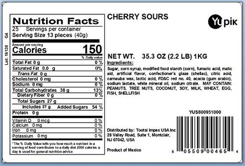 2.2 lb (35.2 oz), Gummies, Yupik Sour Cherry Candies, Cherry-Flavored Balls, Sweet & Tart, Chewy Red Fun Treat, Sweet
