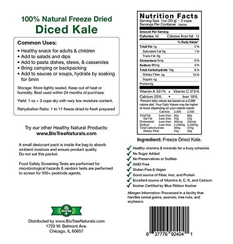 Pack 1 oz, 100% Backpacking, BioTree Labs Freeze Dried Kale - of Natural Healthy Snacks | Great for Hiking, Adding