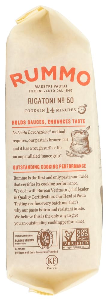 Rummo N.50 16 (Pack 12) Rigatoni Pasta - Rigatoni Noodles, Italian Tube, Bronze Cut, Durum Wheat - Ounce