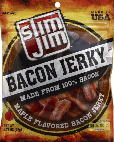 2.75 OZ Slim Jim Bacon Jerky, Maple Flavor Meat Snacks, Easy, On-the-Go School, Work and Travel Snacks, Bag