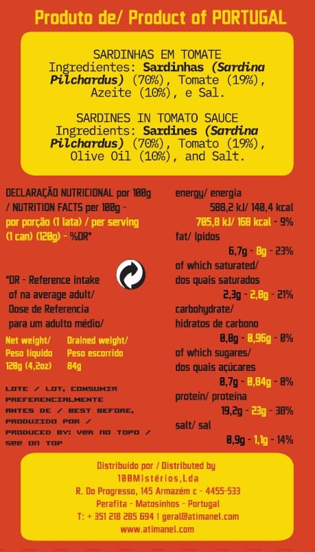 Ati Manel Omega-3 1-Pack 120g Portuguese Sardines Canned in Tomato Sauce | Wild Caught, B Vitamins, | Tinned Fish by |