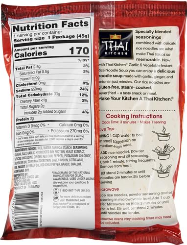 1.6 oz (Pack 6) Thai Kitchen Gluten Free Garlic & Vegetable Instant Rice Noodle Soup