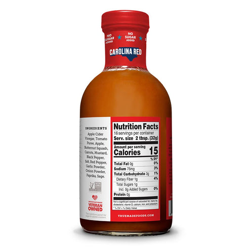 True Made Foods Carolina Red Barbecue Sauce, Spicy and Tangy, No Sugar Added, 18oz