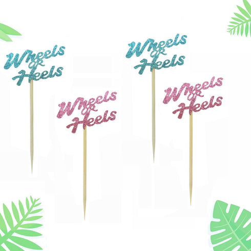 Morndew 24 PCS Wheels or Heels Cupcake Toppers for Gender Reveal, Baby Shower, Birthday Party Decorations