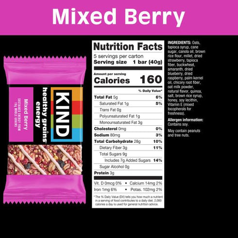 19g 40 Count KIND Healthy Grains Energy Bars, Mixed Berry, Gluten Free, Healthy Snacks, Whole Grains