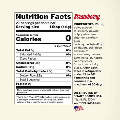 Mrs Taste Sugar Free Strawberry Syrup, Zero Calories, Zero Sodium, Zero Sugar, High Fiber, Keto Friendly, Paleo Friendly, Condiments and Sauces (11 oz, Strawberry Syrup)