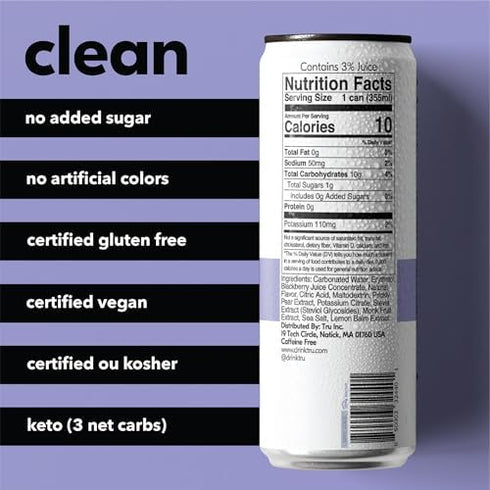 12 OZ 12 Pack Tru Refresh Seltzer, Sparkling Water with Electrolytes, Prickly Pear, Lemon Balm & Real Blackberry Juice