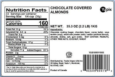 2.2 lb (35.2 oz), Yupik Milk Chocolate Covered Almonds, Kosher, Whole Nuts, Almonds Dipped in Fine Milk Chocolate