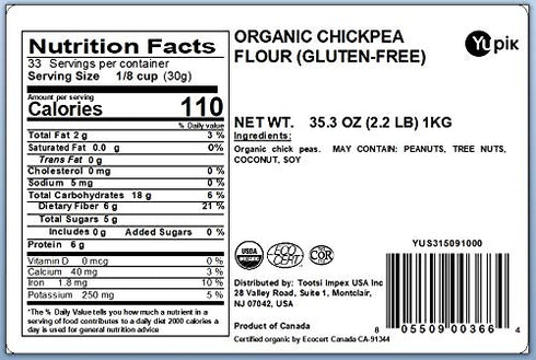 2.2 lb (35.2 oz), Yupik Organic Chickpea Flour, Garbanzo Beans Flour, Finely Ground from Whole Chickpeas, Non-GMO