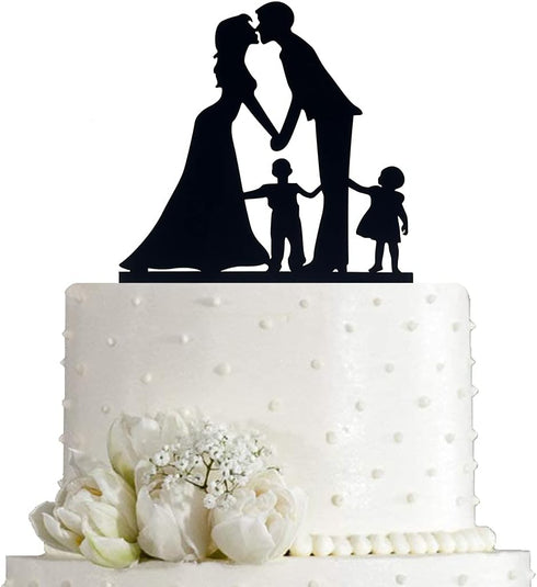 Bride and Groom Wedding Cake Topper, Couples Holding Hands and Kissing Silhouette (Black)