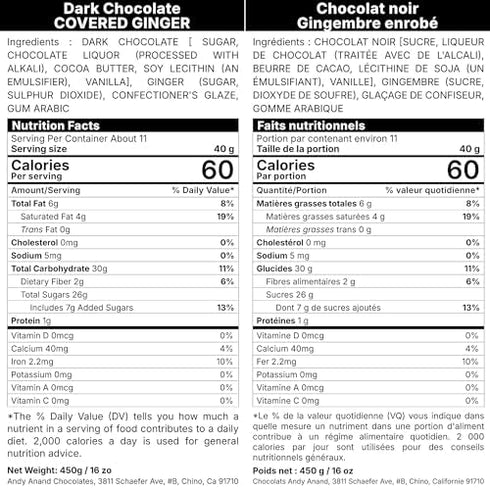 (1lb) ANDY ANAND CHOCOLATIER Chocolatier Dark Chocolate Covered California Ginger - No Artificial Additives, Luxurious