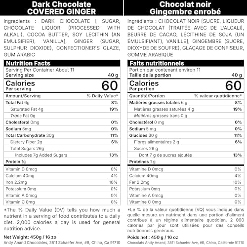(1lb) ANDY ANAND CHOCOLATIER Chocolatier Dark Chocolate Covered California Ginger - No Artificial Additives, Luxurious