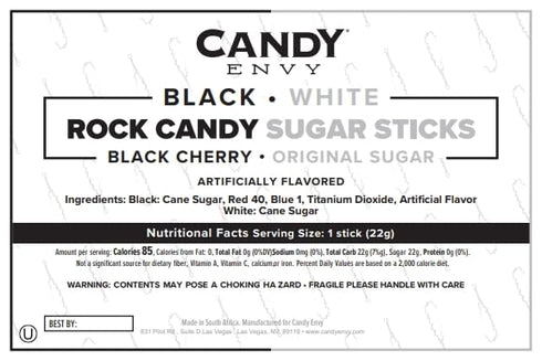 24 Black and White Rock Candy Sugar Sticks - Individually Wrapped Candy - Black Cherry & Original Sugar Flavored