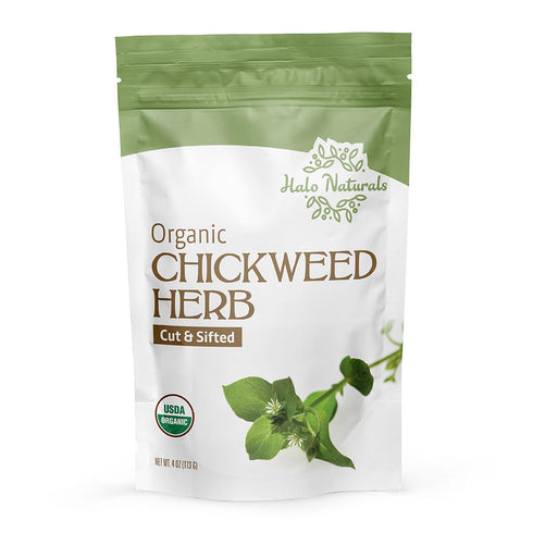 Halo Naturals 4 Packaged Organic Chickweed Herb Cut & Sifted, Ounces (Stellaria media) USDA Certified | Resealable