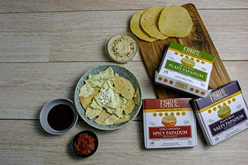 Pack 6-10 count (3.53oz 100gm) Pride Of India - Spicy Chickpea Masala Papadum Lentil Crisp, of Box - - Instant Popping