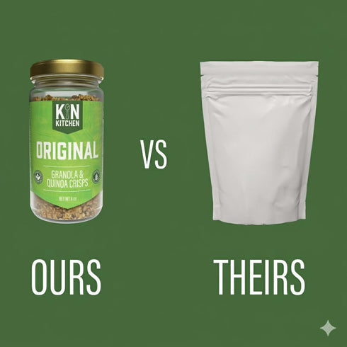 Pack Kin Kitchen non-GMO Granola & Organic Quinoa Crisps, in a Glass Jar Recyclable and Resusable. Made with Real