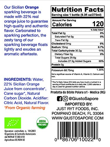 4 Pack Giusto Sapore Aranciata - Italian Imported Organic All Natural Sparkling Sicilian Beverage Orange