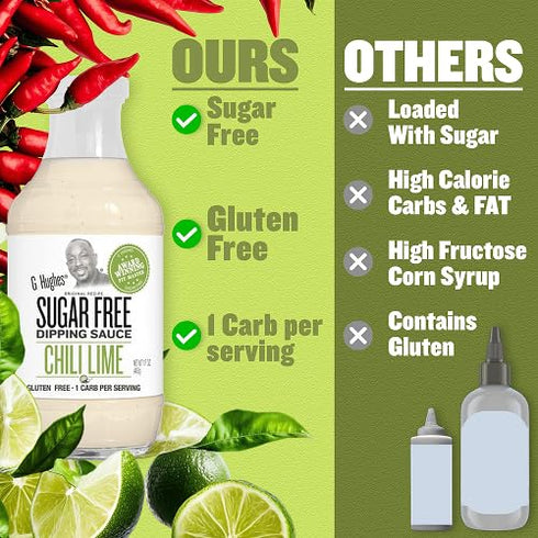 17 Oz (Pack 3) G Hughes Sugar Free Chili Lime Dipping Sauce - Sweet Chili Dressing for Wings, Seafood, Shrimp, Sweet