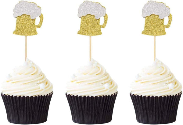 24 PCS Gold Glitter Beer Mug Cupcake Toppers, Food Cake Picks for Party Decor