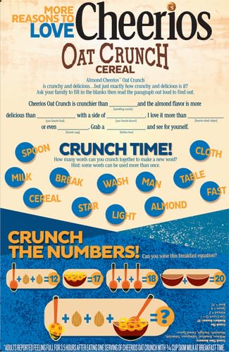 18.2 oz (Pack 4) Cheerios Oat Crunch Almond Breakfast Cereal, Made with Whole Grain, Large Size