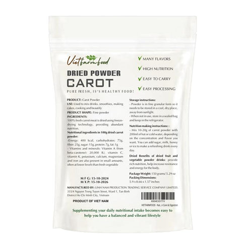 5.29 oz (150g) CARROT POWDER VIETFARMFOOD: Pure freeze-dried vegetable powder, made from real vegetables with no added