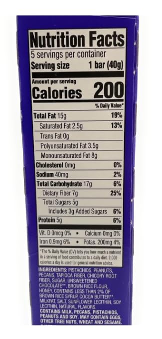 Generic 5g 7oz/200g (Pack 1) Dark Chocolate Pistachio Pecan Nut Bars Made with Pistachio, Peanuts and Pecans, Protein