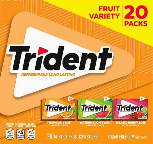 280 (20 Packs -14 Trident Sugar Free Gum Fruit Variety Total Sticks Sticks)