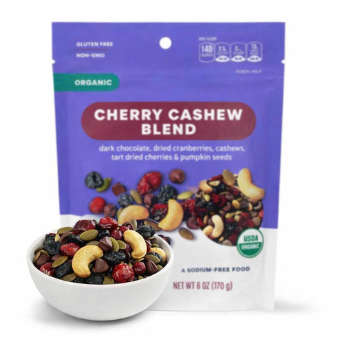 Generic Organic Cherry Cashew Trail Mix: Semi-Sweet Chocolate Chips, Cranberries, Cherries, Cashews, Pumpkin