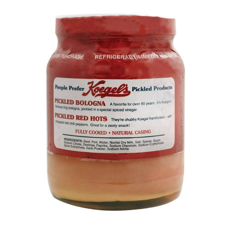 Koegel's packed 40-oz Koegels pickled bologna in spiced vinegar, plastic jar, refrigerate after opening