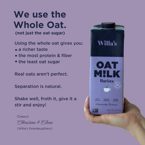 50% 32 oz, Pack 1 Willa's Organic Barista Oat Milk Less Sugar, Non-GMO, Shelf Stable, Non-Dairy, Whole Grain Oats, No
