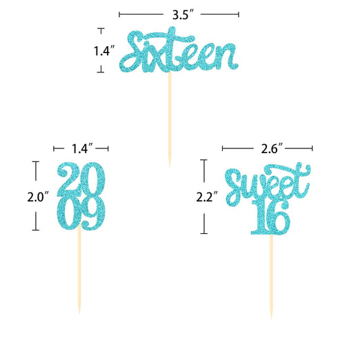 24 Pcs Sweet 16 Blue Glitter Birthday Cupcake Toppers for 16th Birthday Party Decorations
