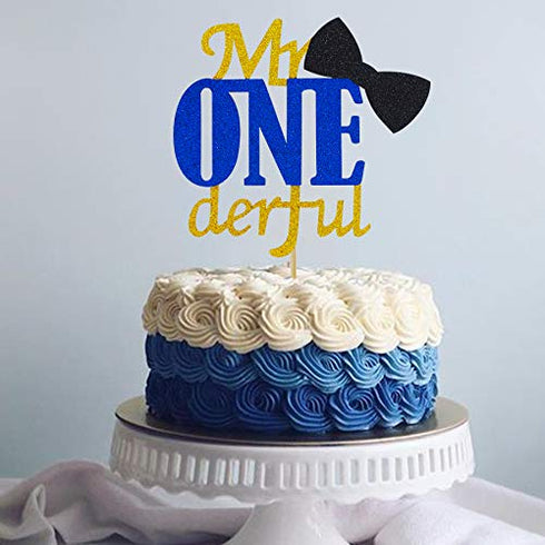 Joymee Mr Onederful Double Sided Cake Topper, 1st Birthday Decorations with Bowtie Gold Glitter