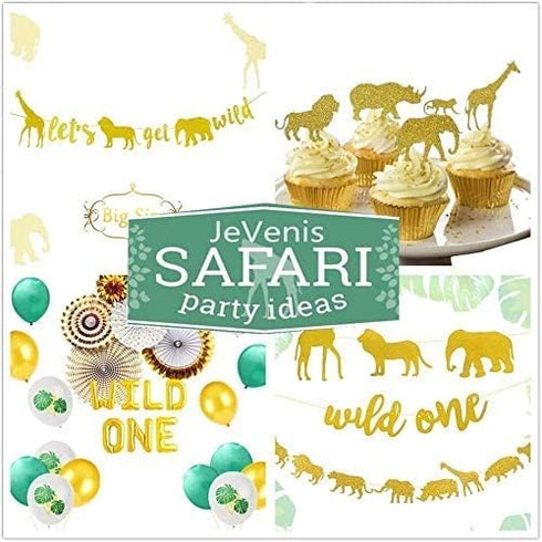 JeVenis 30 Pcs Gold Glitter Jungle Safari Animal Cupcake Toppers for Birthday Party Decorations