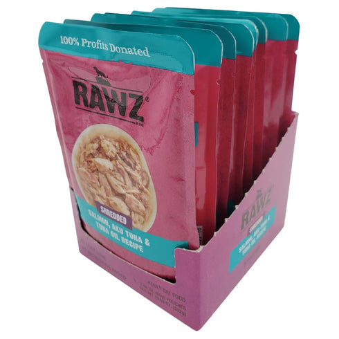 8/2.46 oz RAWZ Shredded Salmon, Aku Tuna & Tuna Oil Recipe Pouches