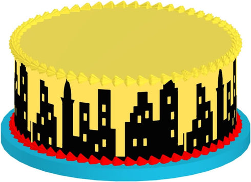 Scenic Theme Stick On/Lay On Cake Border Decoration Toppers - Super Hero Lighted City Backdrop