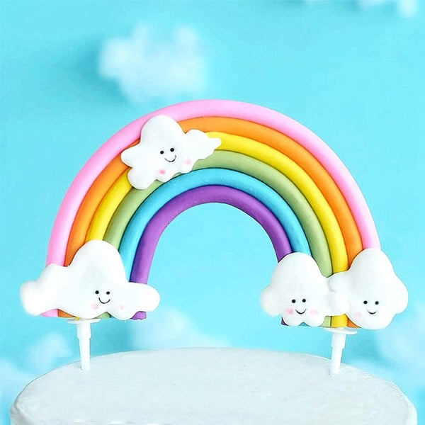 Rainbow Cloud Cake Topper, Colorful Soft Pottery Cupcake Topper for Boys Girls Birthday Party Decorations