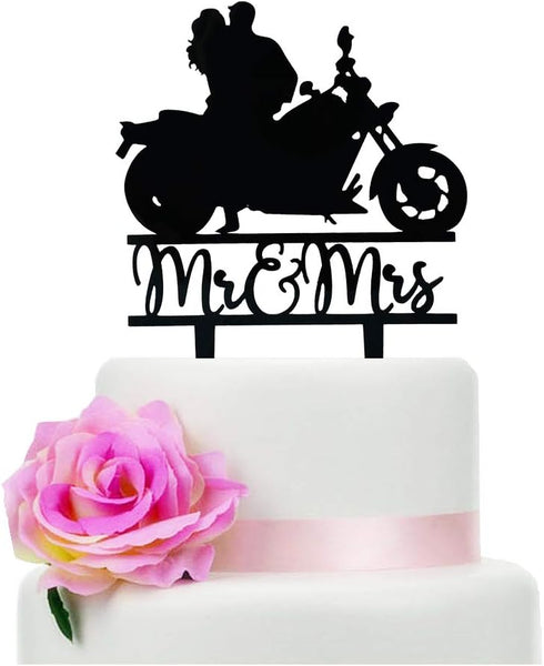 Motorcycle Cake Topper, Black Acrylic Bride & Groom, Funny Mr & Mrs Wedding Engagement Party Decor