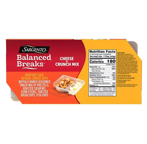 Sargento Packs, 6 Balanced Breaks Cheese + Crunch Mix Monterey Jack Cheese, Buffalo Ranch Snack Mix, ct.