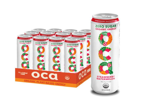 OCA ZERO Strawberry Watermelon, Organic energy drink, zero sugar, gluten-free, vegan plant-based,