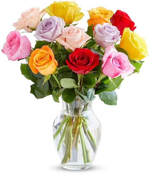 From You Flowers - One Dozen Rainbow Roses with Glass Vase |