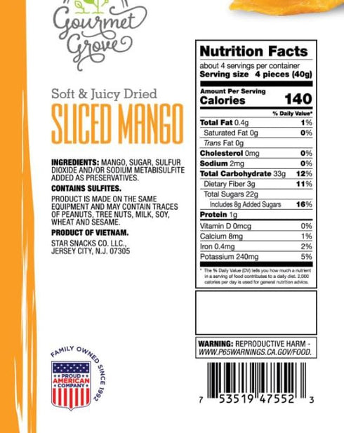 Gourmet Grove 6 oz Packs (Pack 12) - Sliced Mango Snack | Soft, Juicy, Natural Dried Mango Slices | Lightly Sweetened