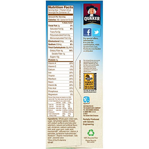 15.1 (Pack 4) Quaker Instant Oatmeal, Apples & Cinnamon, Breakfast Cereal, Ounce