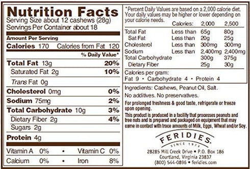 9 OZ FERIDIES Salted Jumbo Cashews